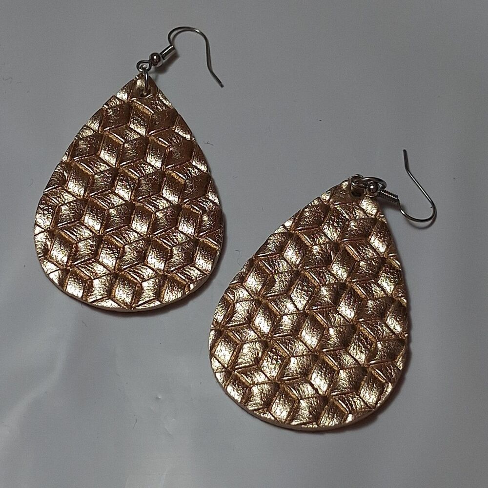 GOLD FAUX LEATHER TEARDROP EARRINGS EMBOSSED GEOMETRIC CUBE METALLIC BOHO...